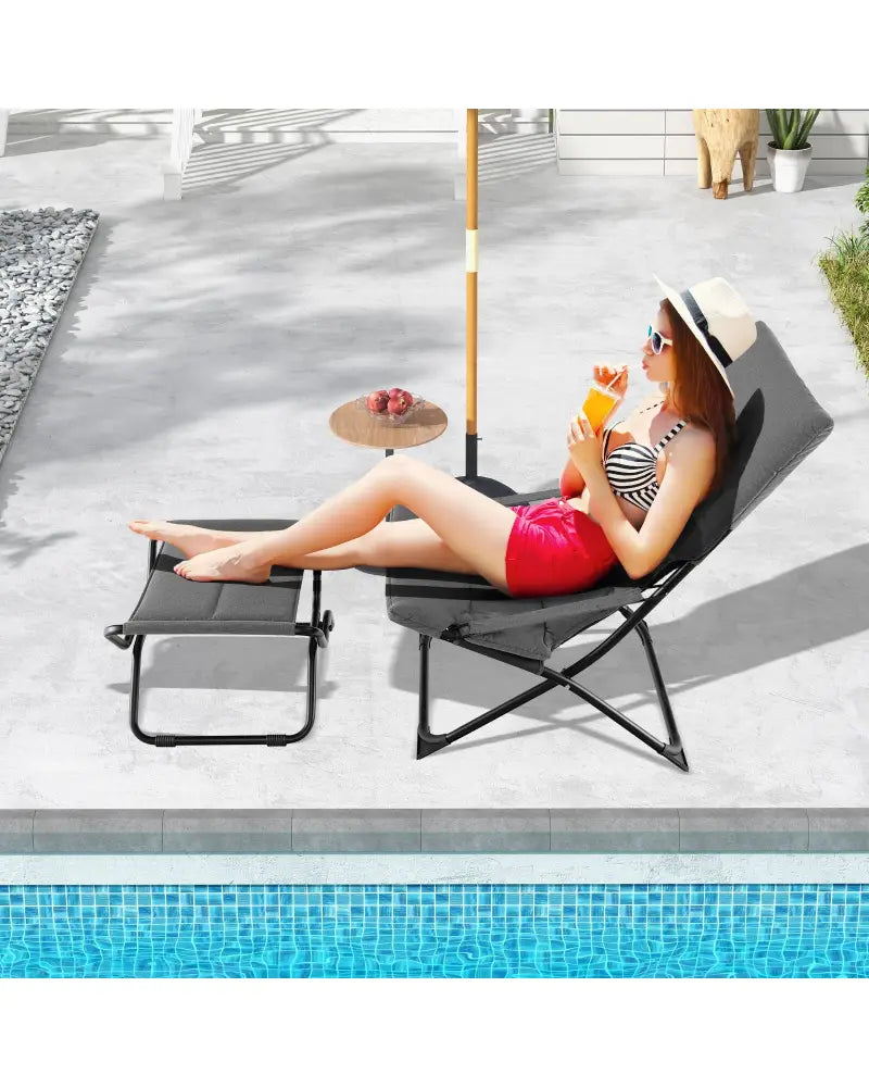 Patio Folding Sling Chair with Ottoman Footrest and Removable Cushion-Gray - Gray - Outdoor Chaise Lounges
