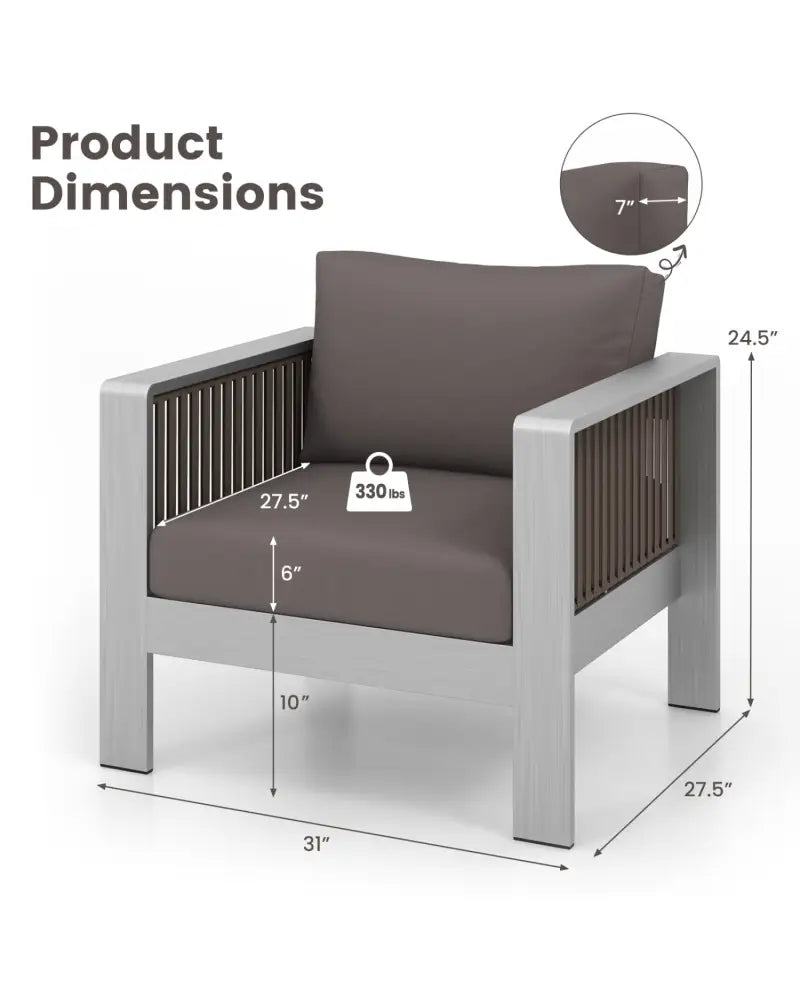 Patio Furniture Aluminum Armchair with Thick Back and Seat Cushion - Gray - Outdoor Chaise Lounges