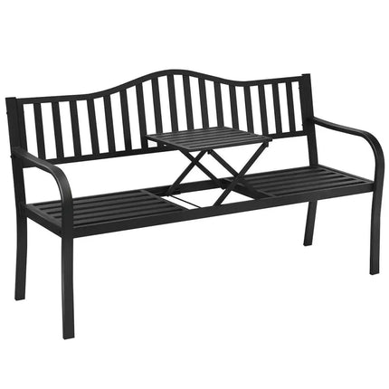 Patio Garden Bench Steel Frame with Adjustable Center Table - Black - Outdoor Benches
