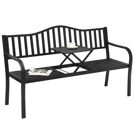 Patio Garden Bench Steel Frame with Adjustable Center Table - Black - Outdoor Benches
