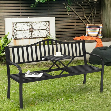 Patio Garden Bench Steel Frame with Adjustable Center Table - Black - Outdoor Benches