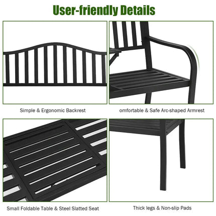 Patio Garden Bench Steel Frame with Adjustable Center Table - Black - Outdoor Benches