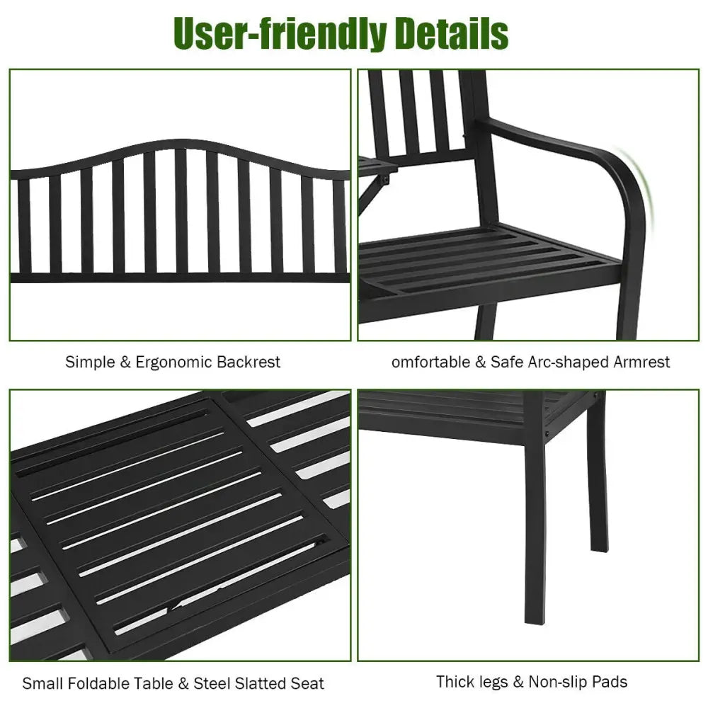 Patio Garden Bench Steel Frame with Adjustable Center Table - Black - Outdoor Benches