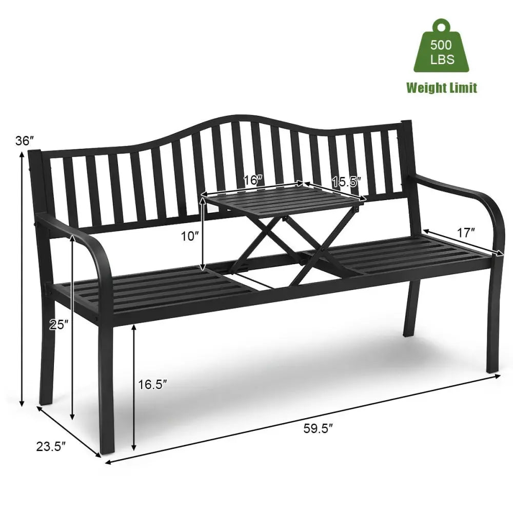 Patio Garden Bench Steel Frame with Adjustable Center Table - Black - Outdoor Benches