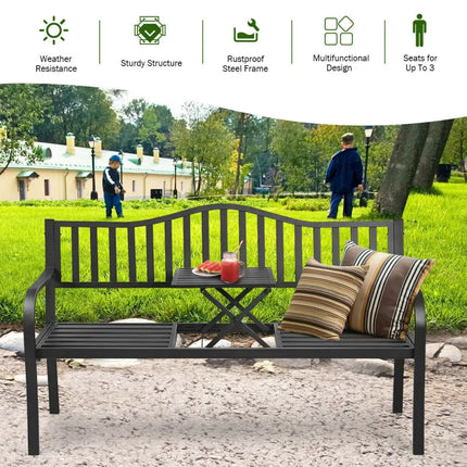 Patio Garden Bench Steel Frame with Adjustable Center Table - Black - Outdoor Benches