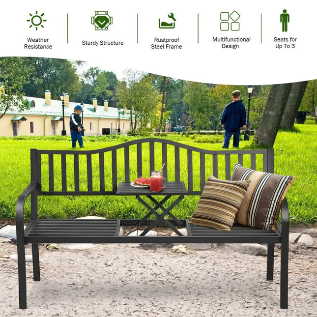 Patio Garden Bench Steel Frame with Adjustable Center Table - Black - Outdoor Benches