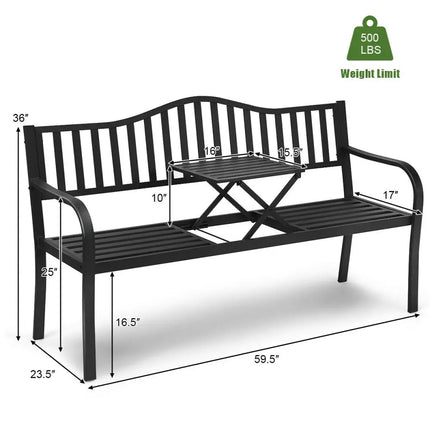 Patio Garden Bench Steel Frame with Adjustable Center Table - Black - Outdoor Benches