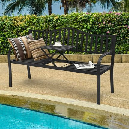 Patio Garden Bench Steel Frame with Adjustable Center Table - Black - Outdoor Benches