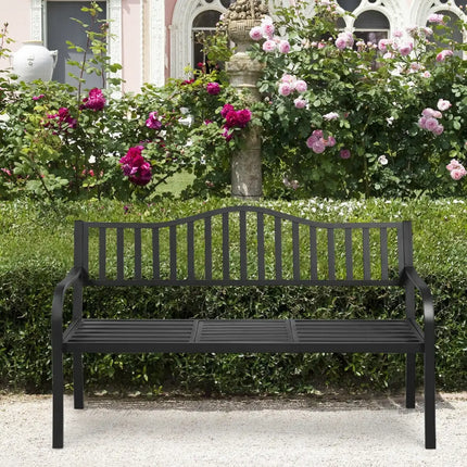 Patio Garden Bench Steel Frame with Adjustable Center Table - Black - Outdoor Benches