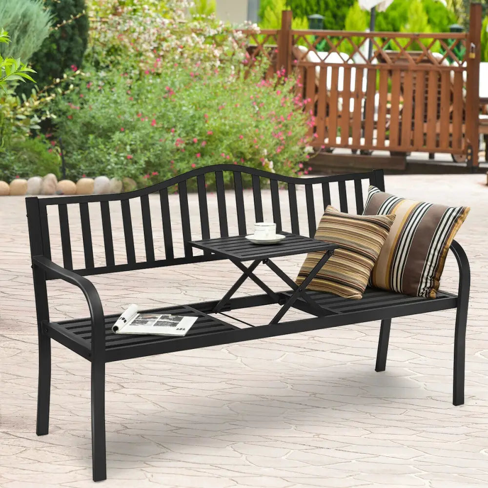 Patio Garden Bench Steel Frame with Adjustable Center Table - Black - Outdoor Benches