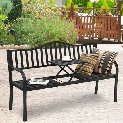 Patio Garden Bench Steel Frame with Adjustable Center Table - Black - Outdoor Benches