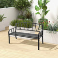 Patio Garden Bench with Metal Frame and Slatted Seat-Black - Black - Outdoor Benches