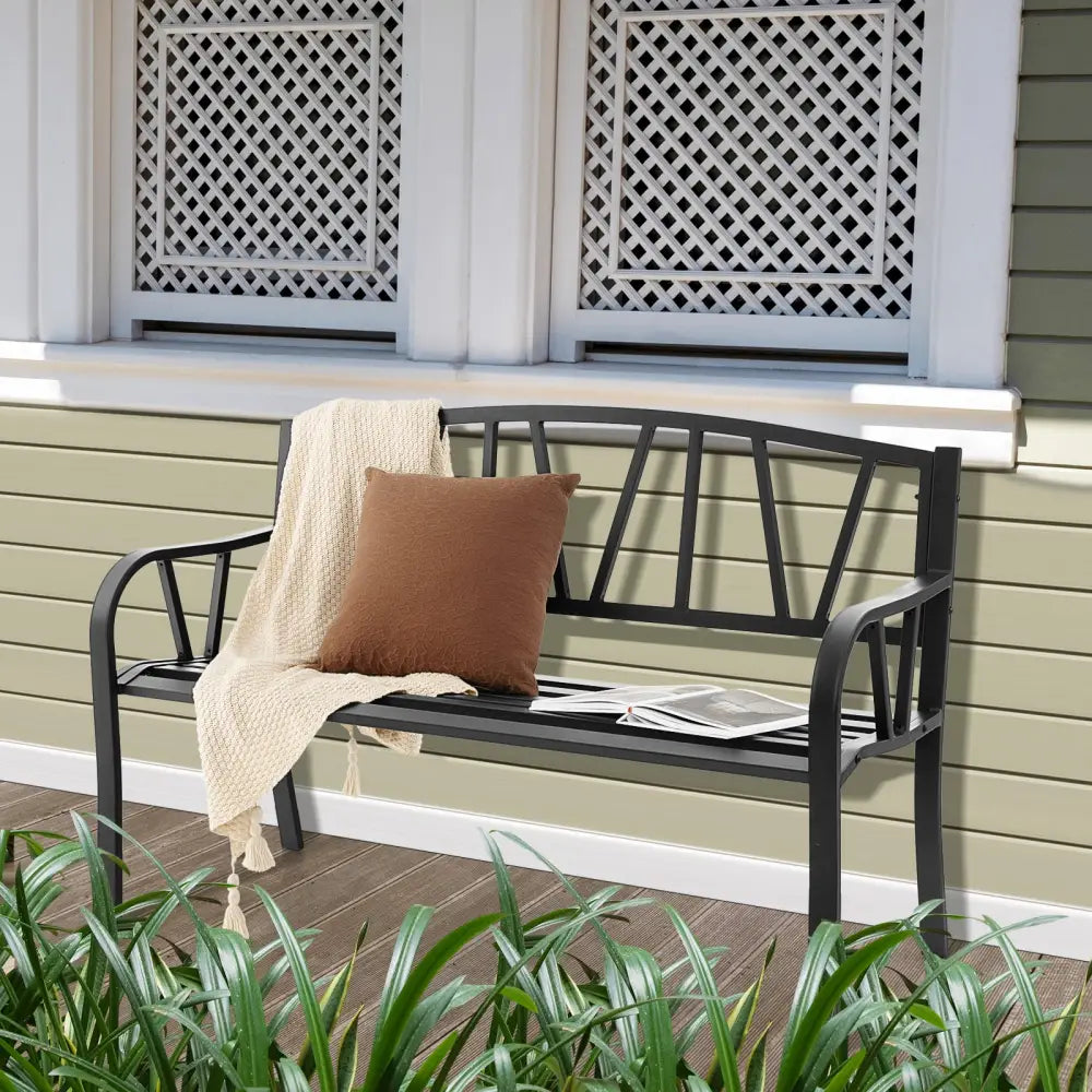 Patio Garden Bench with Metal Frame and Slatted Seat-Black - Black - Outdoor Benches