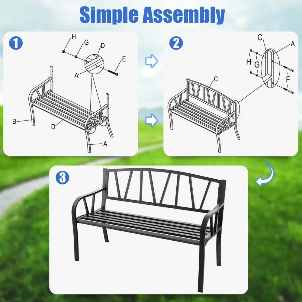 Patio Garden Bench with Metal Frame and Slatted Seat-Black - Black - Outdoor Benches
