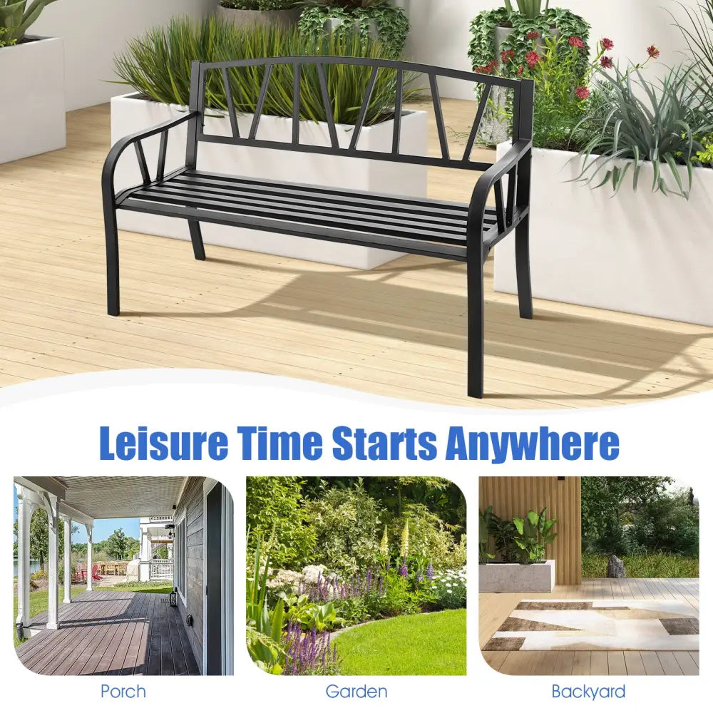 Patio Garden Bench with Metal Frame and Slatted Seat-Black - Black - Outdoor Benches