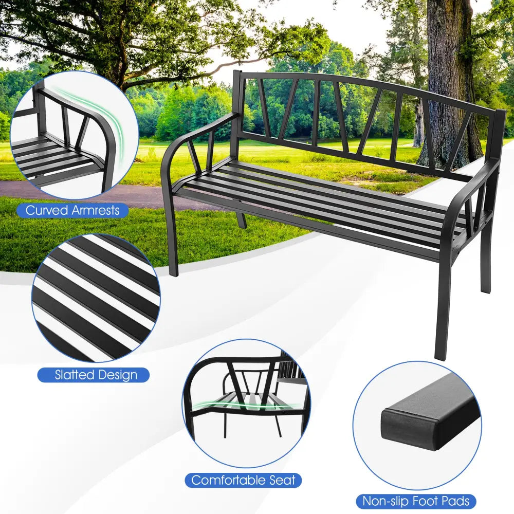 Patio Garden Bench with Metal Frame and Slatted Seat-Black - Black - Outdoor Benches