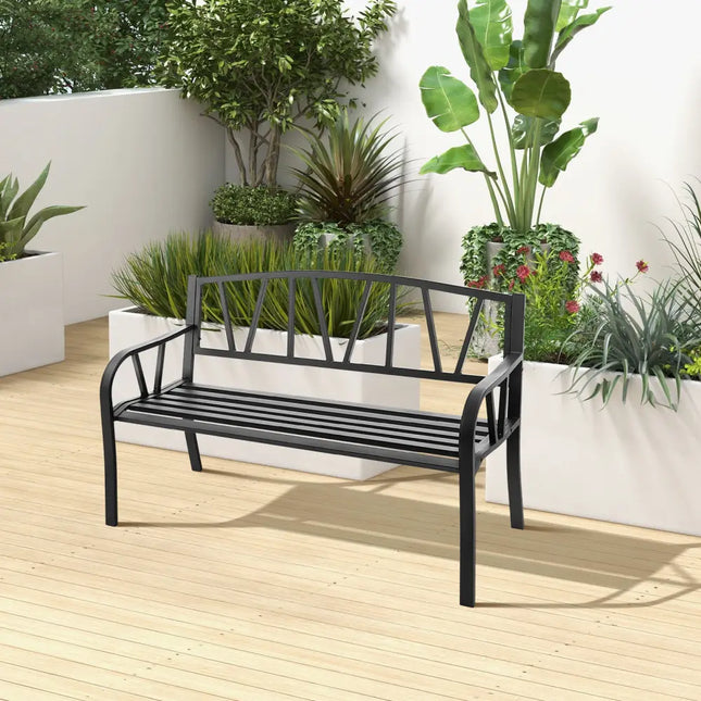 Patio Garden Bench with Metal Frame and Slatted Seat-Black - Black - Outdoor Benches
