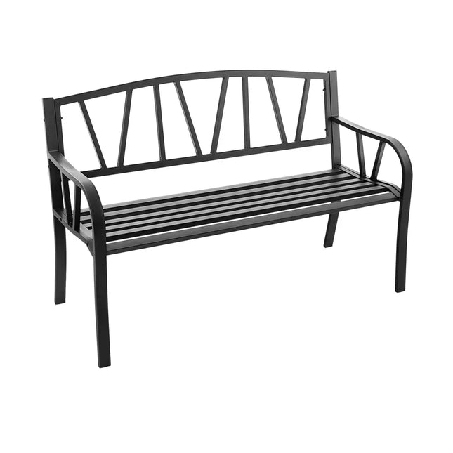 Patio Garden Bench with Metal Frame and Slatted Seat-Black - Black - Outdoor Benches