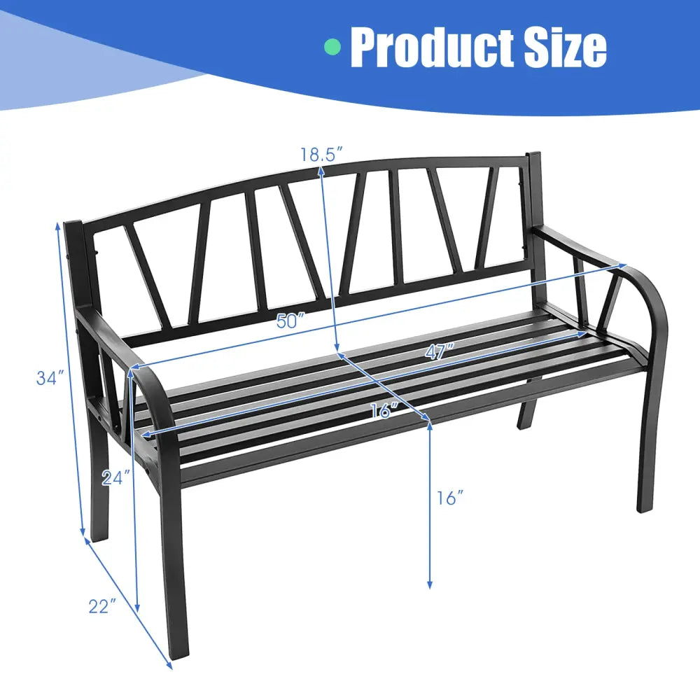 Patio Garden Bench with Metal Frame and Slatted Seat-Black - Black - Outdoor Benches