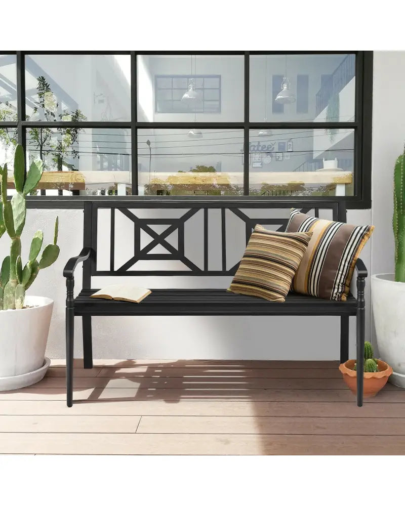 Patio Garden Bench with Powder Coated Steel Frame - Black - Outdoor Benches
