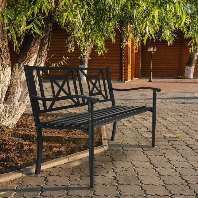 Patio Garden Bench with Powder Coated Steel Frame - Black - Outdoor Benches