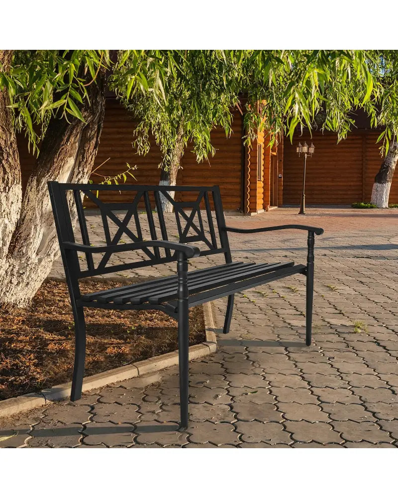 Patio Garden Bench with Powder Coated Steel Frame - Black - Outdoor Benches