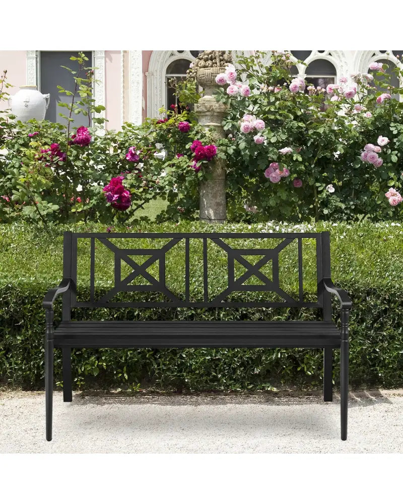 Patio Garden Bench with Powder Coated Steel Frame - Black - Outdoor Benches