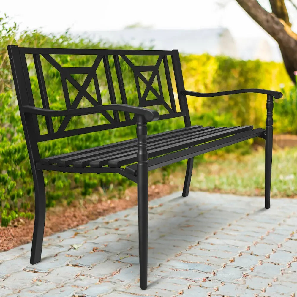 Patio Garden Bench with Powder Coated Steel Frame - Black - Outdoor Benches
