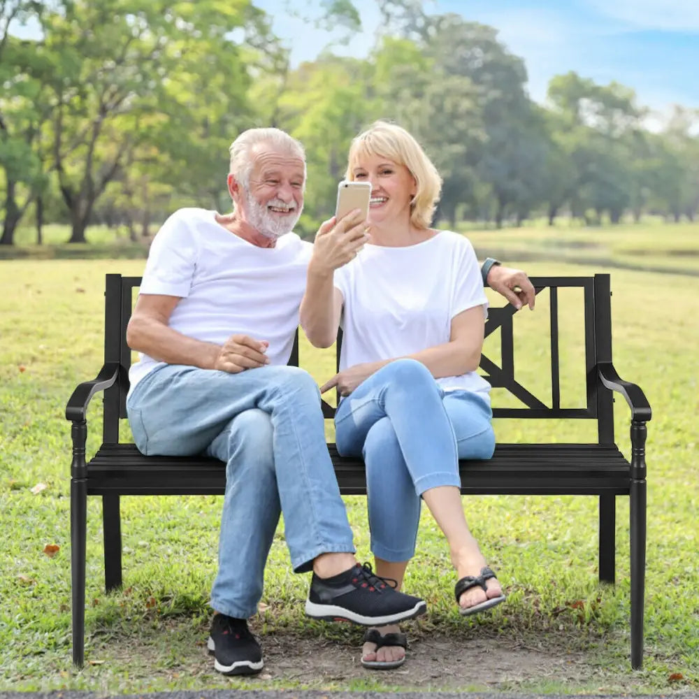 Patio Garden Bench with Powder Coated Steel Frame - Black - Outdoor Benches