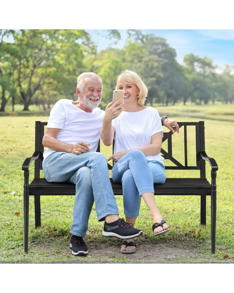 Patio Garden Bench with Powder Coated Steel Frame - Black - Outdoor Benches