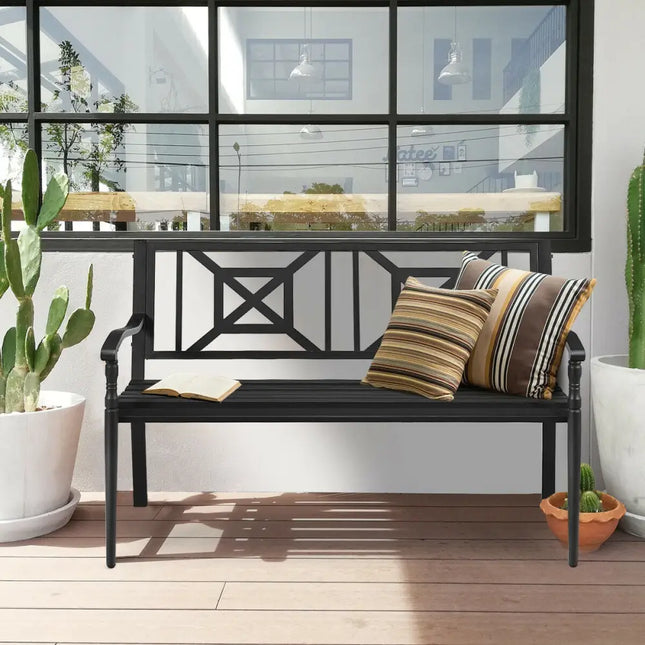 Patio Garden Bench with Powder Coated Steel Frame - Black - Outdoor Benches