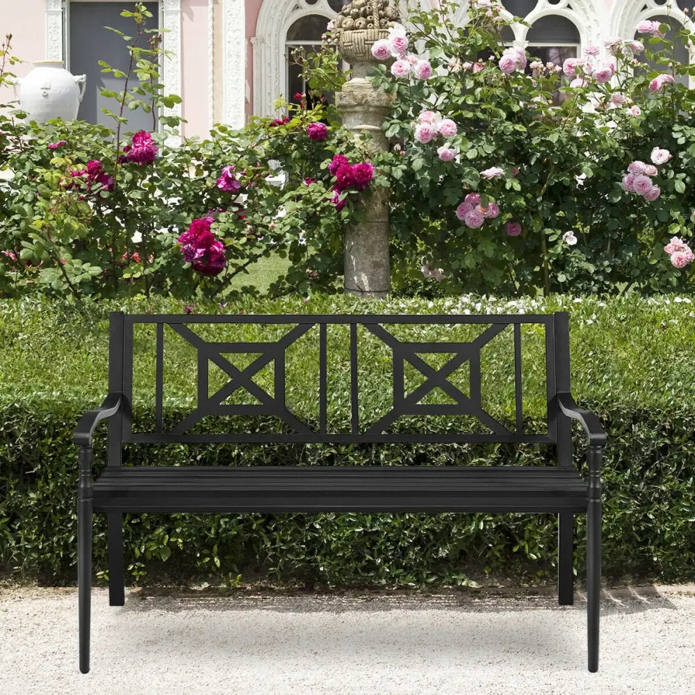 Patio Garden Bench with Powder Coated Steel Frame - Black - Outdoor Benches