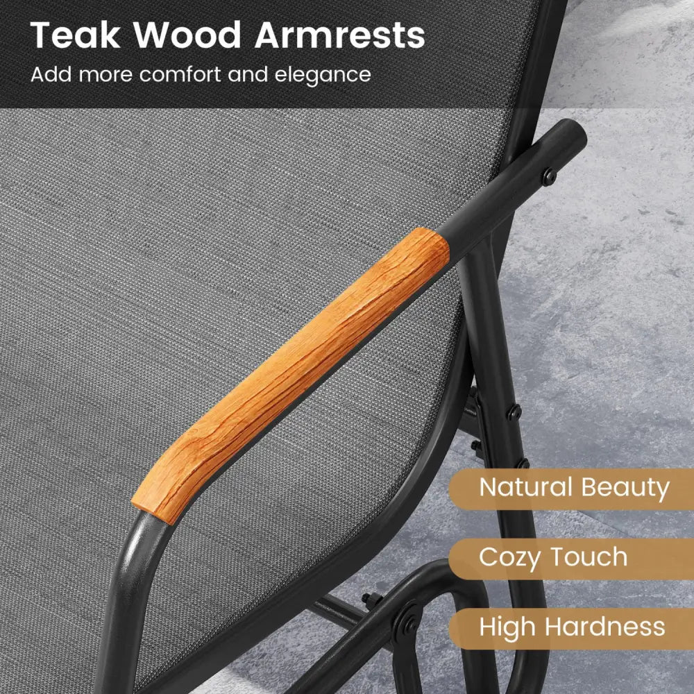 Patio Glider Bench with Curved Teak Armrests and Breathable Fabric Seat for 3 People-Grey - Gray - Patio Rocking Chairs