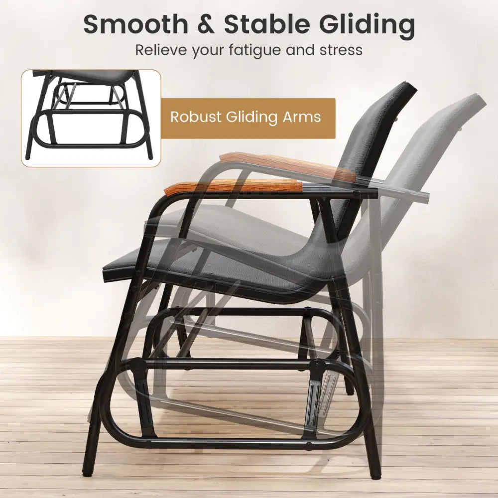 Patio Glider Bench with Curved Teak Armrests and Breathable Fabric Seat for 3 People-Grey - Gray - Patio Rocking Chairs
