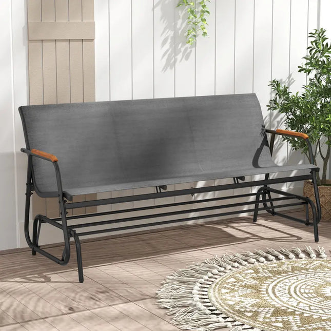 Patio Glider Bench with Curved Teak Armrests and Breathable Fabric Seat for 3 People-Grey - Gray - Patio Rocking Chairs