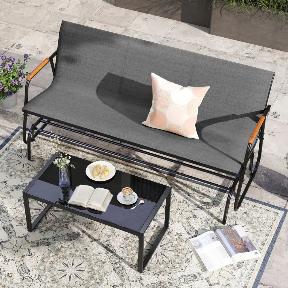 Patio Glider Bench with Curved Teak Armrests and Breathable Fabric Seat for 3 People-Grey - Gray - Patio Rocking Chairs