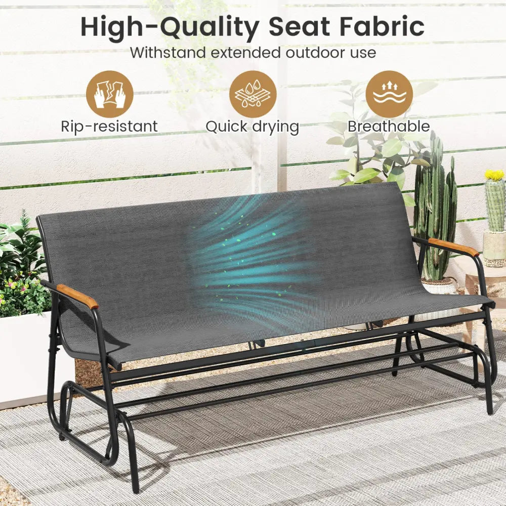 Patio Glider Bench with Curved Teak Armrests and Breathable Fabric Seat for 3 People-Grey - Gray - Patio Rocking Chairs