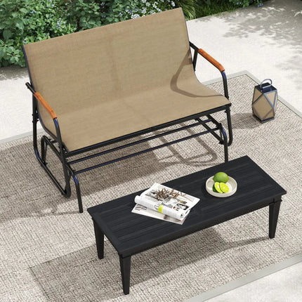 Patio Glider Bench with Curved Teak Armrests and Breathable Fabric Seat for 2 People-Brown - Brown - Patio Rocking
