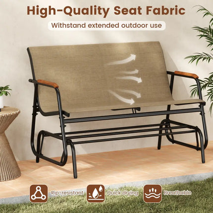 Patio Glider Bench with Curved Teak Armrests and Breathable Fabric Seat for 2 People-Brown - Brown - Patio Rocking