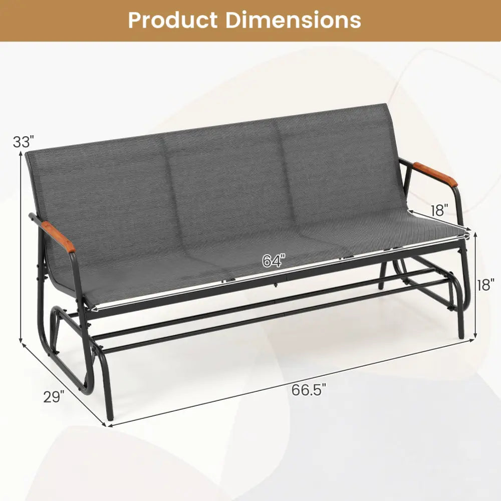 Patio Glider Bench with Curved Teak Armrests and Breathable Fabric Seat for 3 People-Grey - Gray - Patio Rocking Chairs