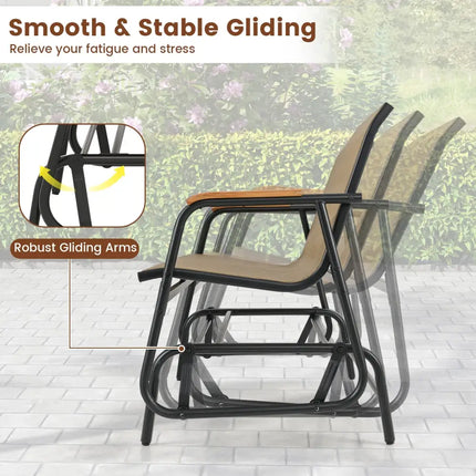 Patio Glider Bench with Curved Teak Armrests and Breathable Fabric Seat for 2 People-Brown - Brown - Patio Rocking