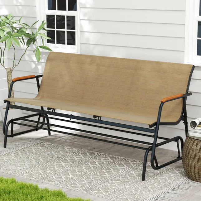 Patio Glider Bench with Curved Teak Armrests and Breathable Fabric Seat for 3 People-Brown - Brown - Patio Rocking