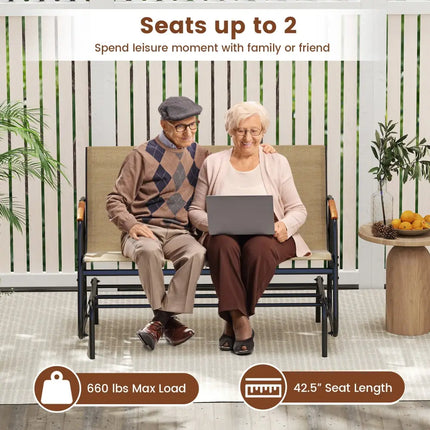 Patio Glider Bench with Curved Teak Armrests and Breathable Fabric Seat for 2 People-Brown - Brown - Patio Rocking