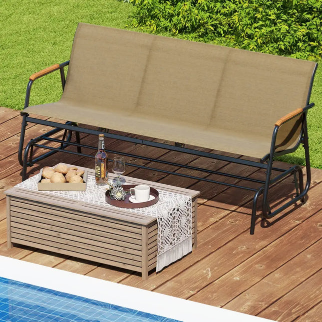 Patio Glider Bench with Curved Teak Armrests and Breathable Fabric Seat for 3 People-Brown - Brown - Patio Rocking