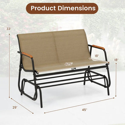 Patio Glider Bench with Curved Teak Armrests and Breathable Fabric Seat for 2 People-Brown - Brown - Patio Rocking