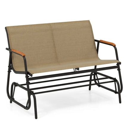 Patio Glider Bench with Curved Teak Armrests and Breathable Fabric Seat for 2 People-Brown - Brown - Patio Rocking