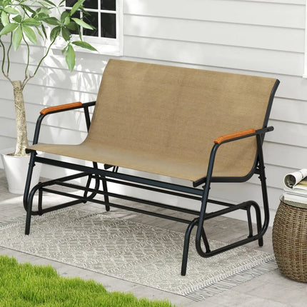 Patio Glider Bench with Curved Teak Armrests and Breathable Fabric Seat for 2 People-Brown - Brown - Patio Rocking