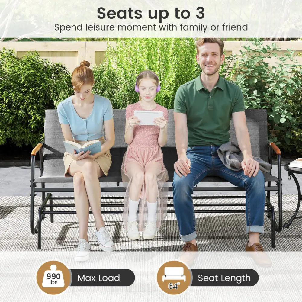 Patio Glider Bench with Curved Teak Armrests and Breathable Fabric Seat for 3 People-Grey - Gray - Patio Rocking Chairs