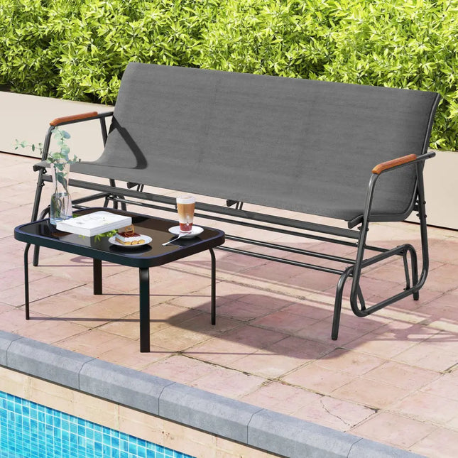 Patio Glider Bench with Curved Teak Armrests and Breathable Fabric Seat for 3 People-Grey - Gray - Patio Rocking Chairs
