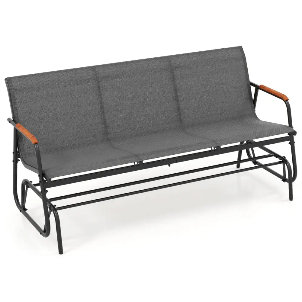 Patio Glider Bench with Curved Teak Armrests and Breathable Fabric Seat for 3 People-Grey - Gray - Patio Rocking Chairs